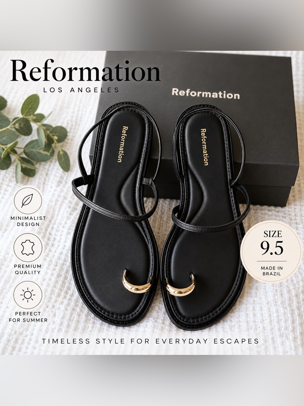 Reformation Black Leather Toe Ring Sandals Gold Hardware Size 9.5